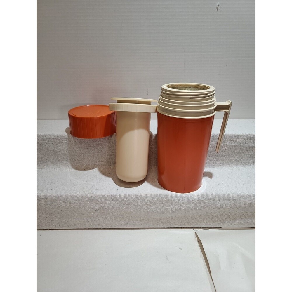 Vintage 3pc Orange Thermos Pint Size Handled Model #7202 King Seeley Hot Cold